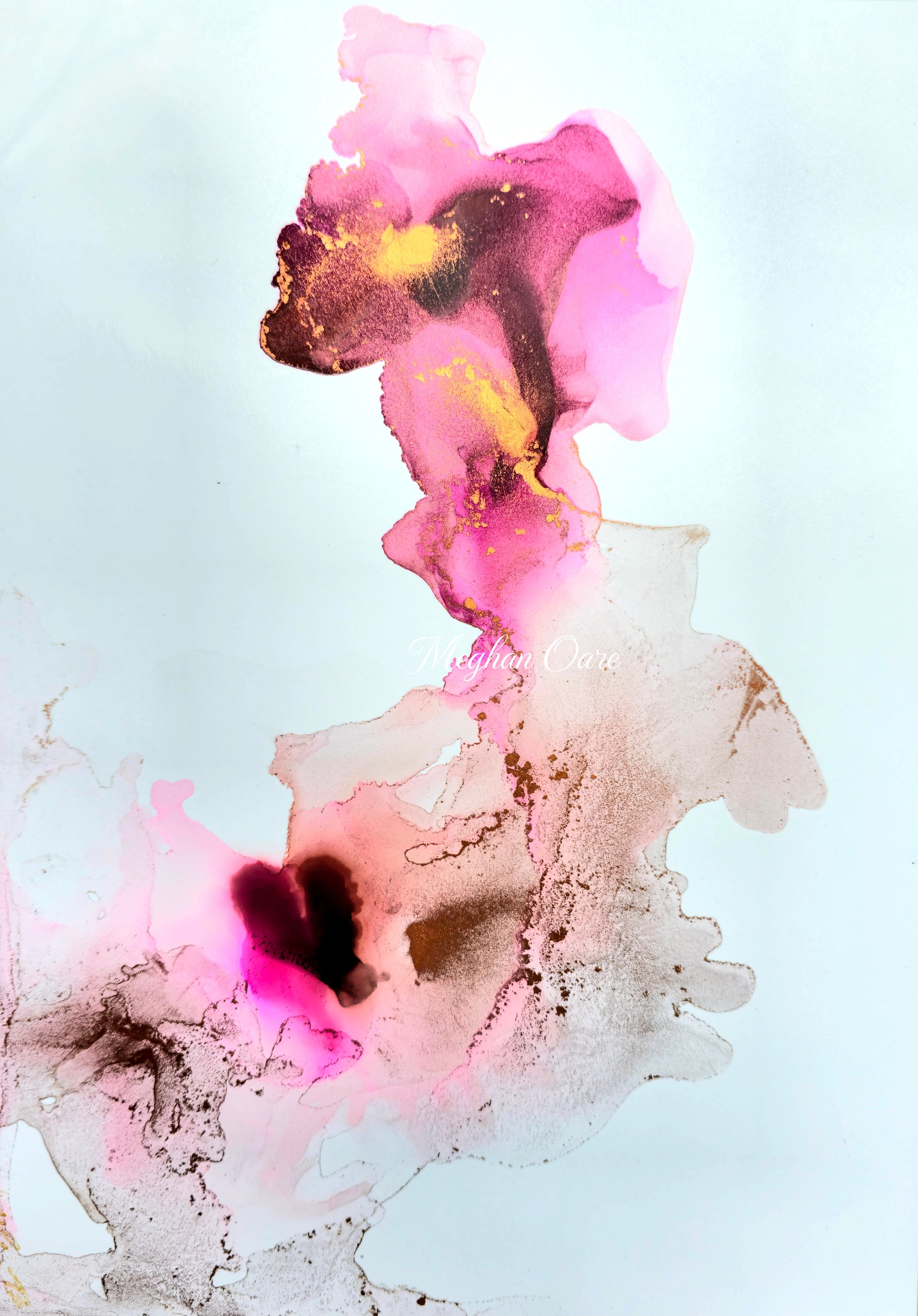 Iris display shades of pink, embellished with rose gold metallic ink, dominate the canvas, portraying the delicate petals of the iris. The subtle infusion of brown hues adds depth and contrast, accentuating the graceful curves and intricate details o