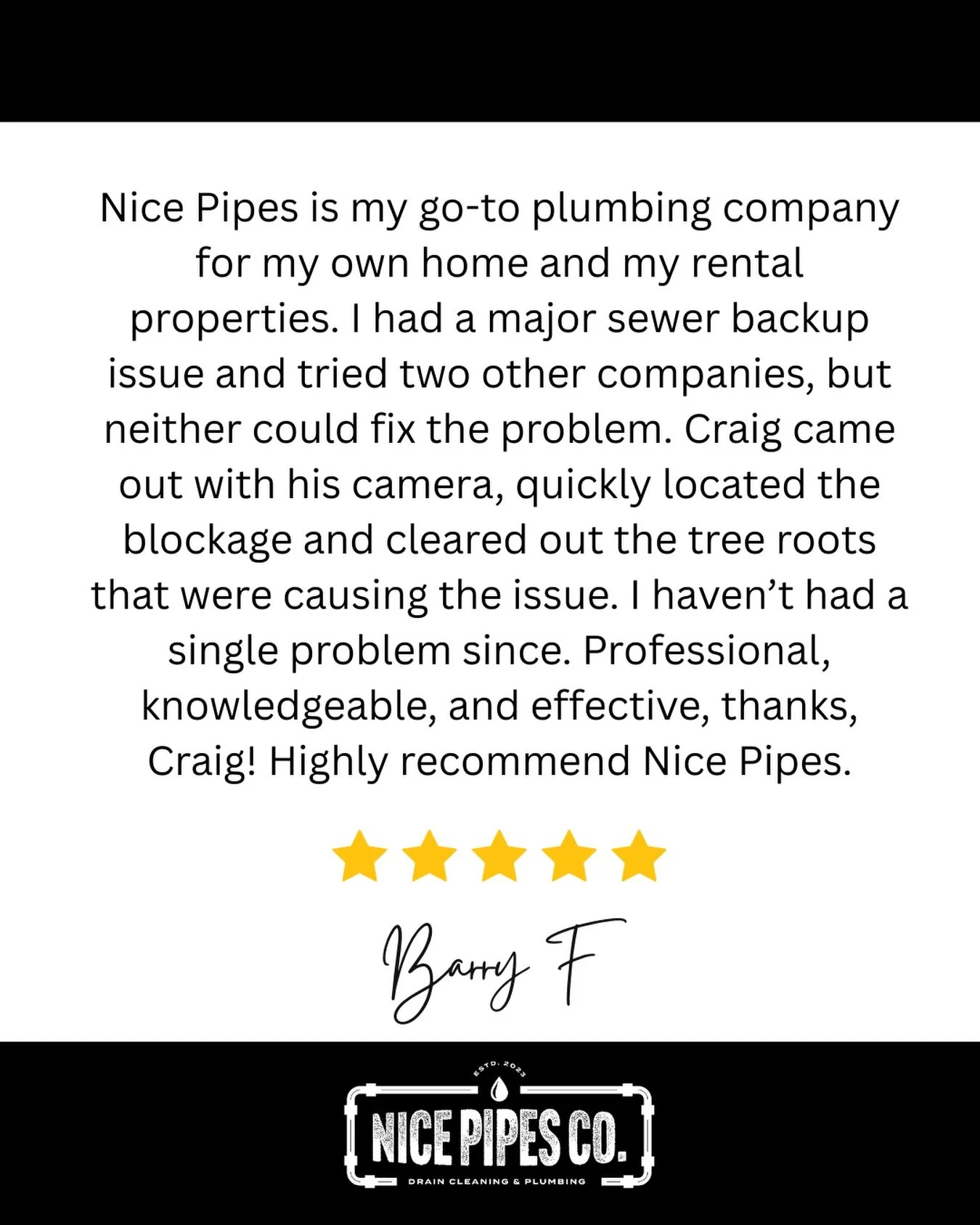 Huge thank you to Barry for the awesome review! ⭐⭐⭐⭐⭐

We&rsquo;re so grateful that you trust Nice Pipes Co. and are willing to recommend us. Building that trust with our customers is what we work hard for every single day.

If you&rsquo;re looking f