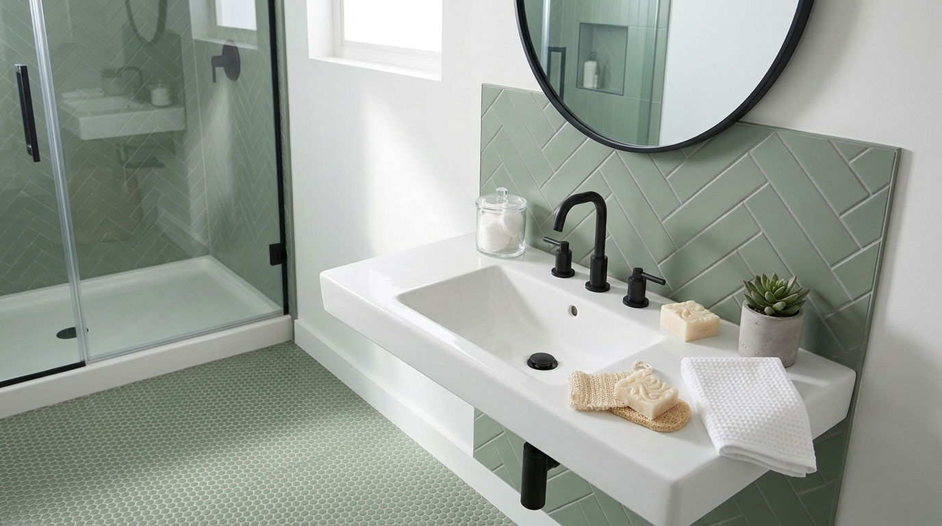 Show only the fresh contemporary bathroom setting with sage green tiles.jpg