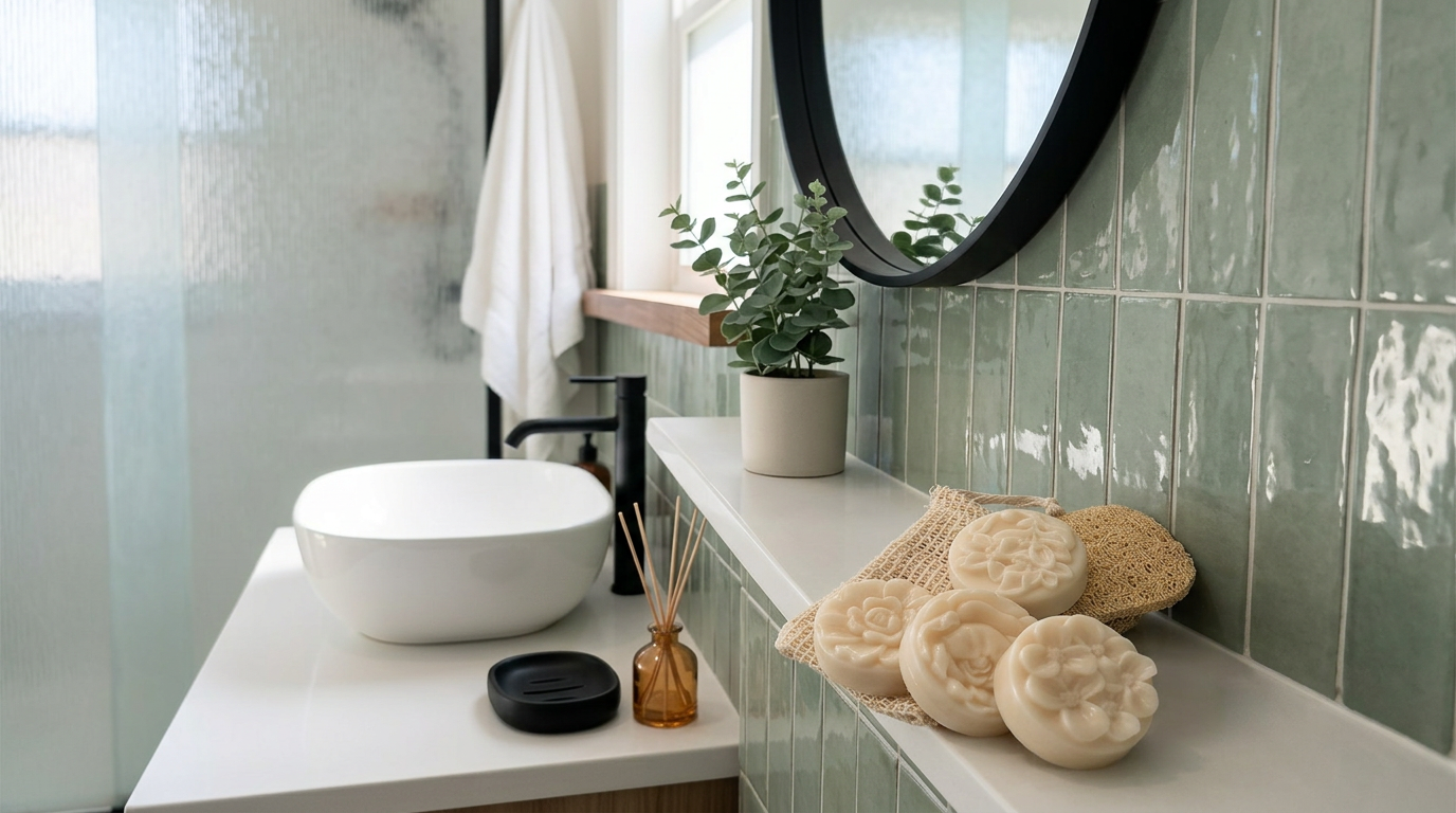 Show the products in fresh contemporary bathroom setting with sage green tiles (1).jpg