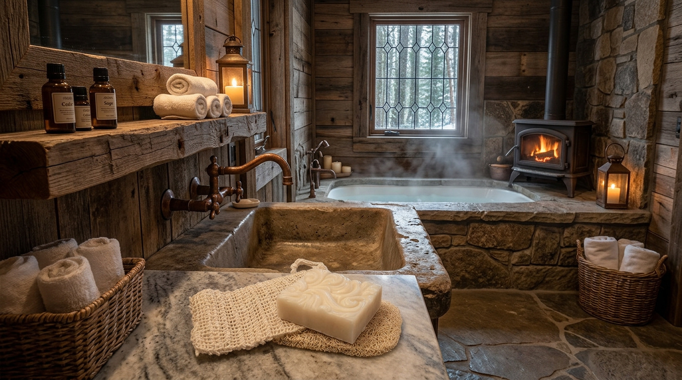 Show only the warm rustic spa bathroom setting with wood and stone elements.jpg