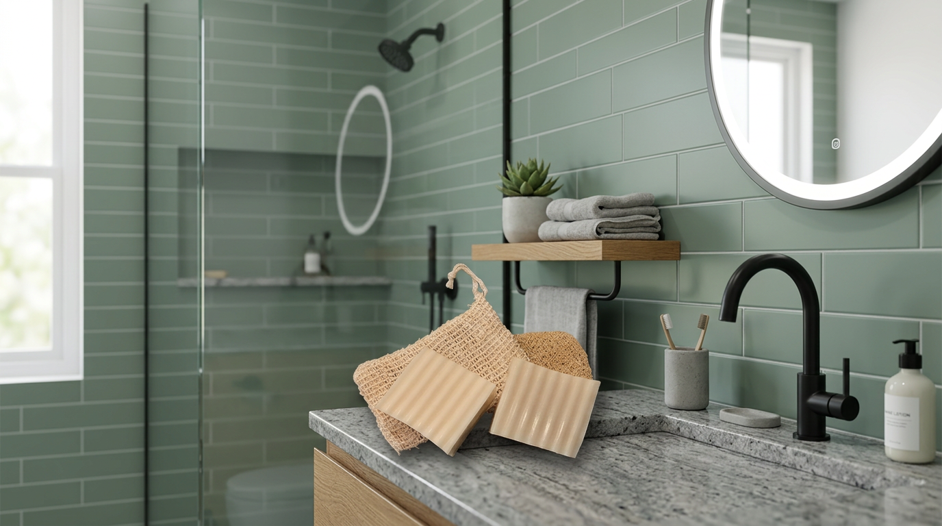 Show the products in fresh contemporary bathroom setting with sage green tiles.jpg