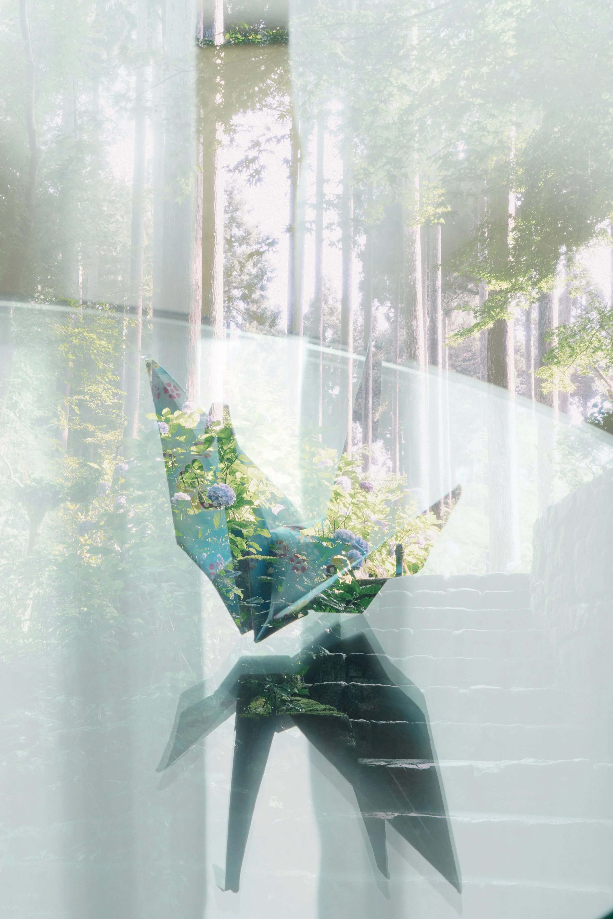 Japan travel art photography, a double exposure of origami and the forest in Japan.