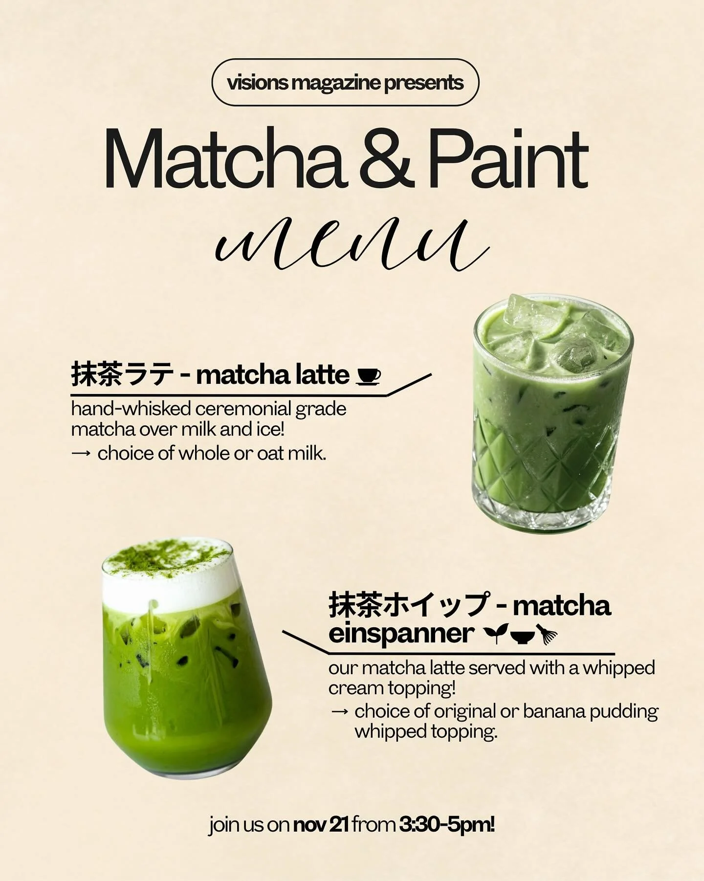 our matcha and paint event is quickly approaching&hellip; so we are super excited to share with you our drink menu!! please be sure to bring cash/zelle/venmo for the matcha, as funds will be going directly to amor for ice defense in rhode island 🍵🎨