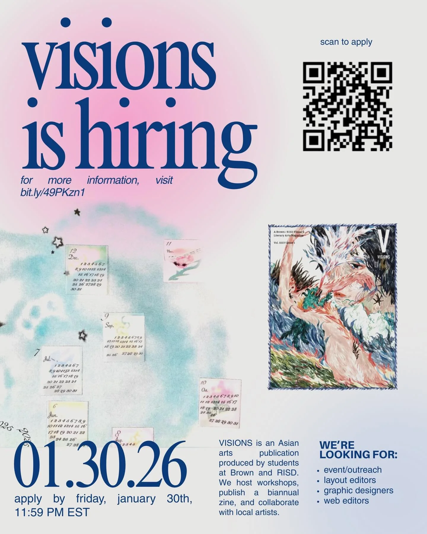 Are you interested in contributing to VISIONS Magazine as an E-Boarder?? 🫵🫵

Then apply to join our Spring 2026 E-Board!! We are currently hiring for event/outreach, layout editing, graphic design, and web editing. Please use the link in our bio to