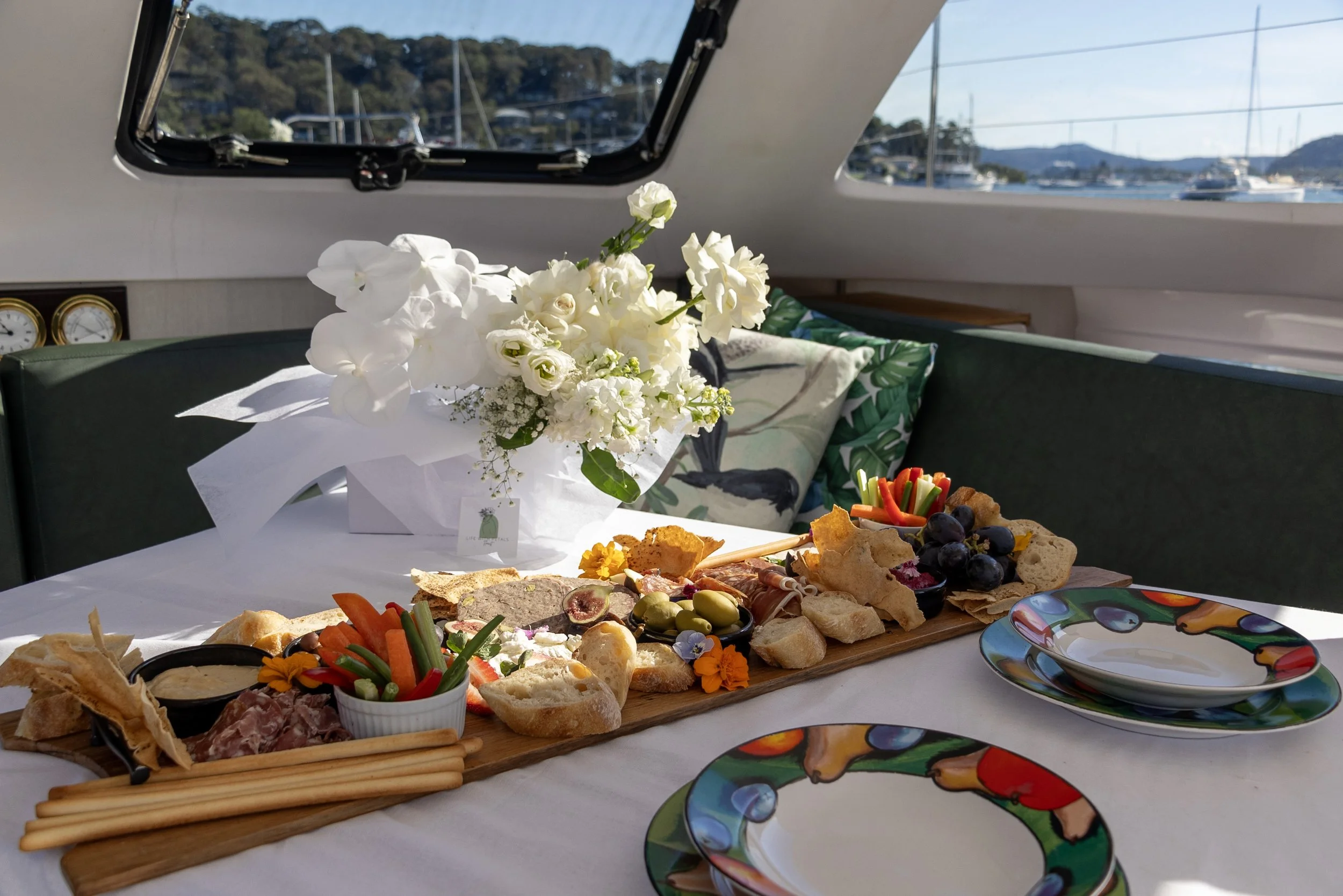 Catered grazing platter prepared aboard a private yacht charter