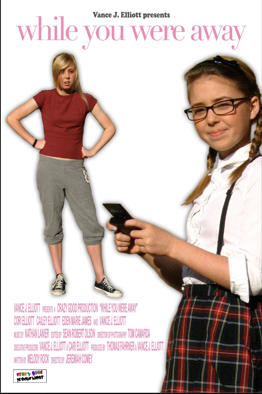 Poster for the movie "While You Were Away" featuring two teenage girls, one standing with hands on hips wearing a red shirt and gray sweatpants, the other holding a phone and winking, wearing a white shirt, plaid skirt, and glasses.