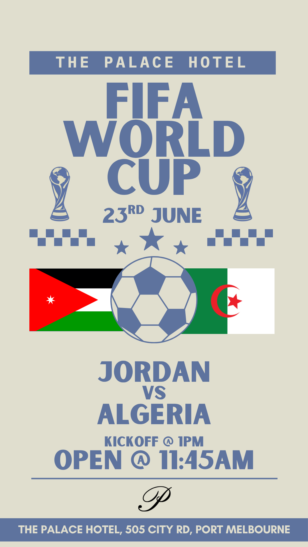 flyer for Jordan v Algeria world cup at the palace hotel port melbourne