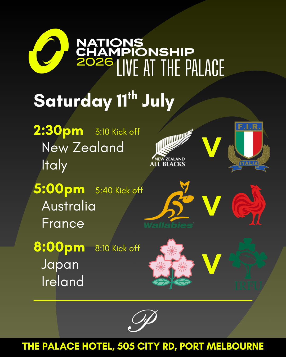 flyer for Nations Championship Live at the palace hotel port melbourne