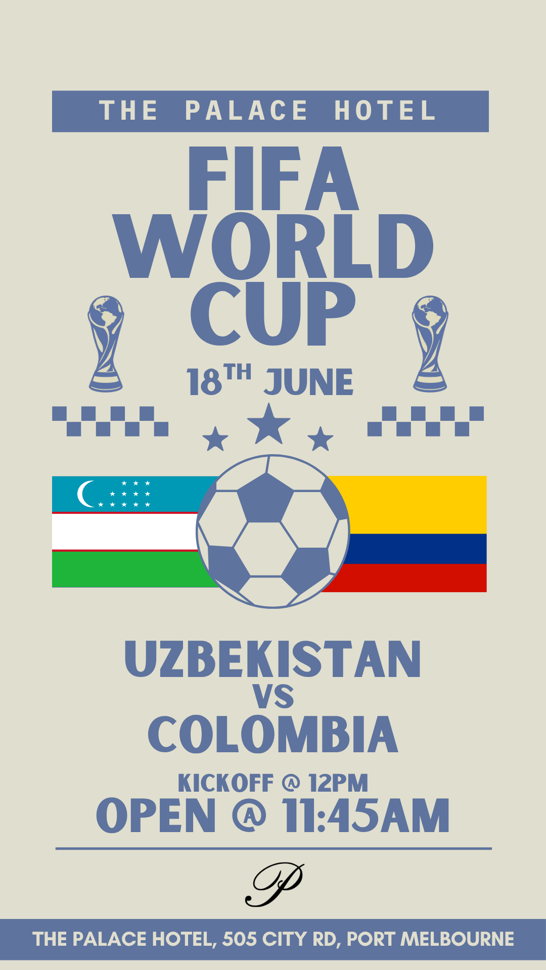 flyer for uzbekistan v colombia world cup at the palace hotel port melbourne