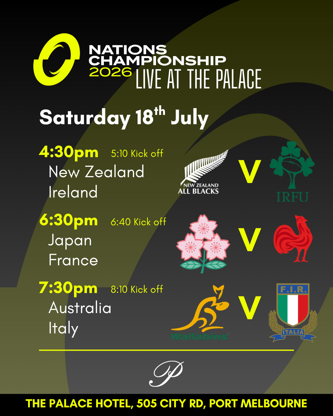 flyer for Nations Championship Live at the palace hotel port melbourne