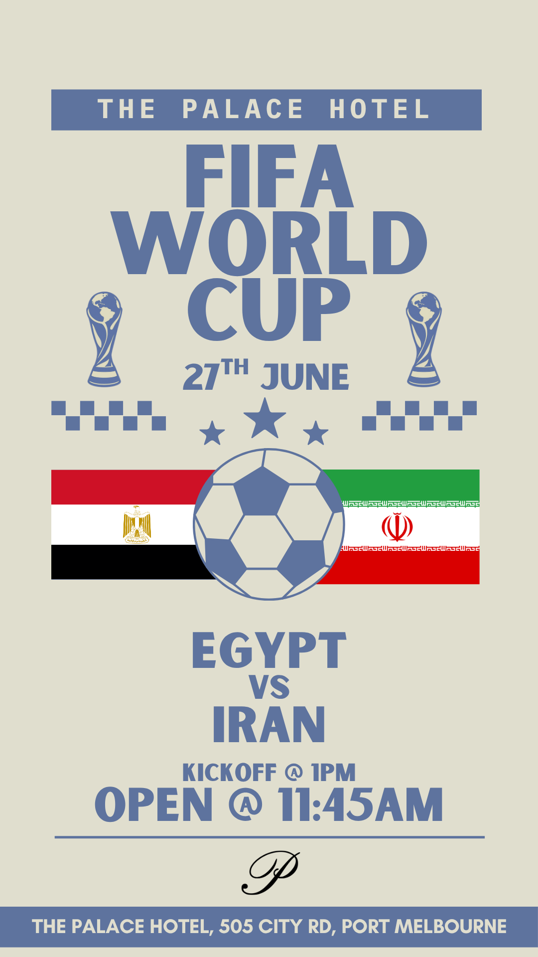 flyer for Egypt v Iran world cup at the palace hotel port melbourne
