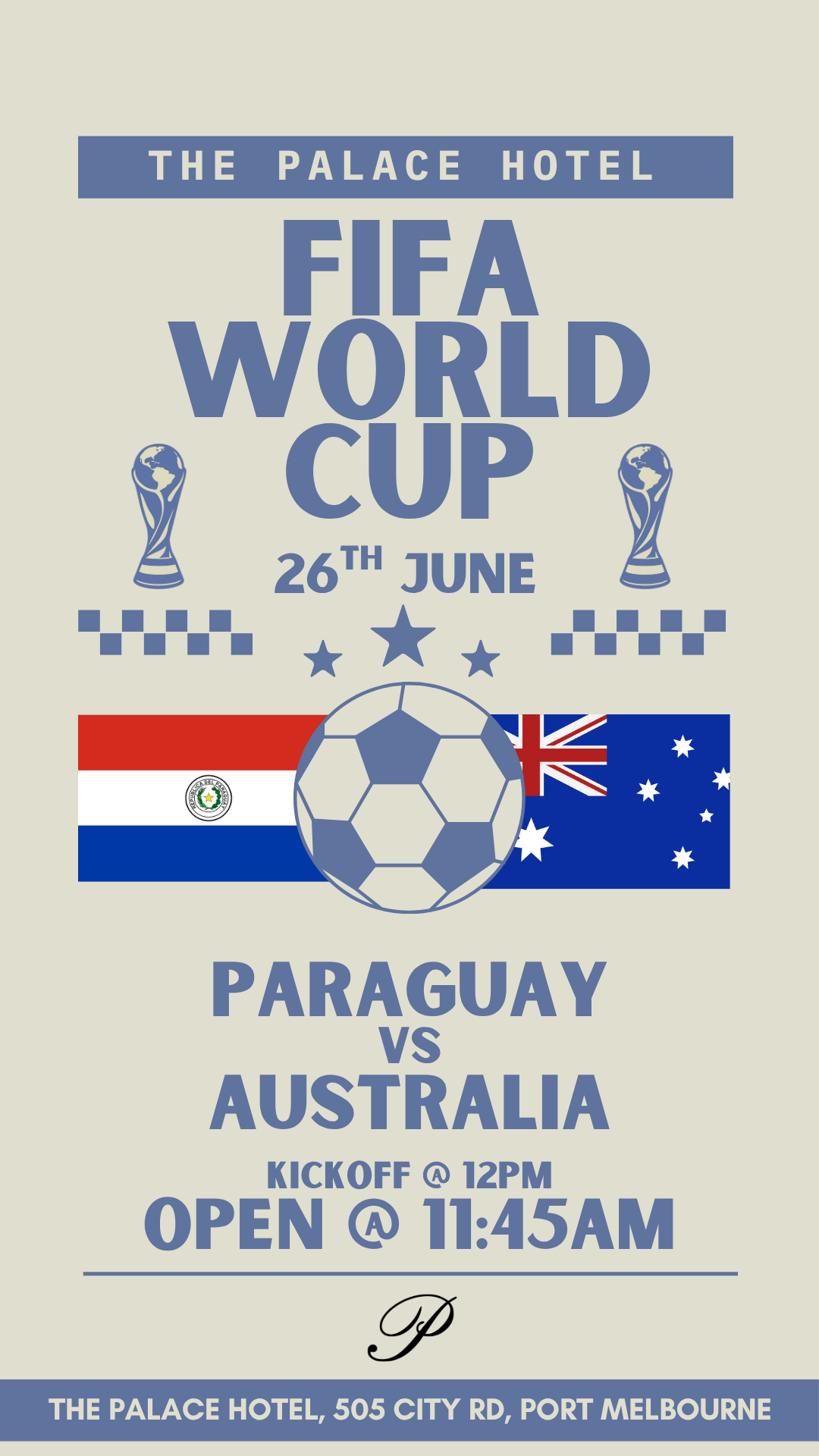flyer for Paraguay v Australia world cup at the palace hotel port melbourne