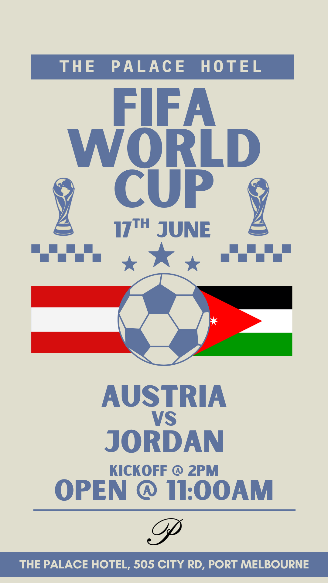 flyer for austria v jordan world cup at the palace hotel port melbourne