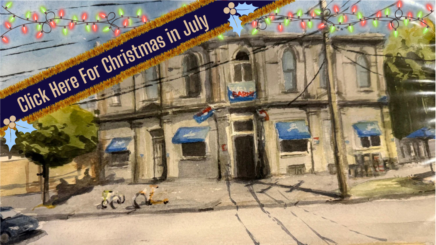 Image of the palace hotel with a christmas in july banner