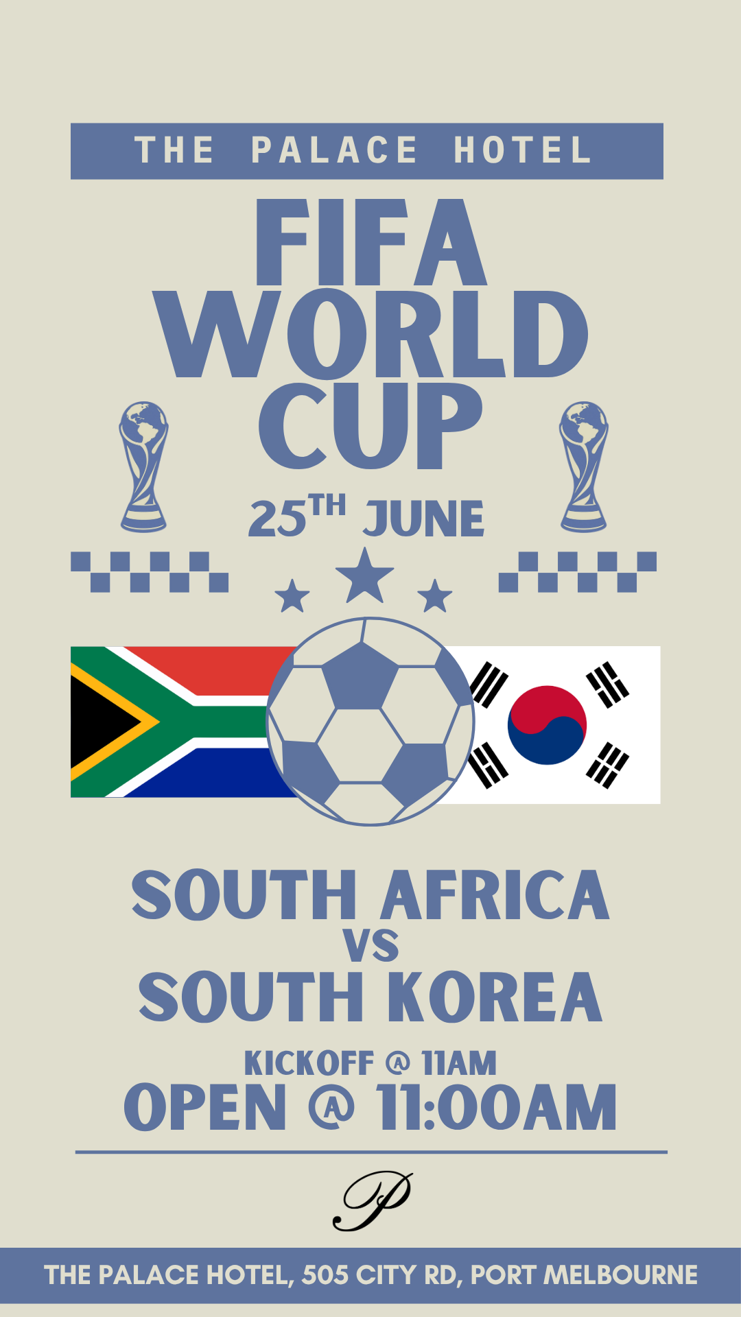 flyer for South Africa v South Korea world cup at the palace hotel port melbourne