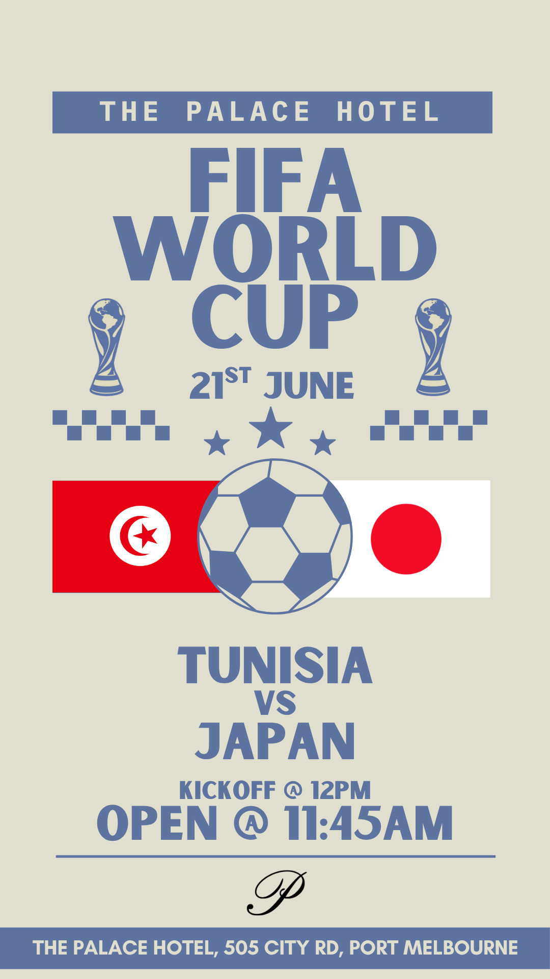 flyer for Tunisia v Japan world cup at the palace hotel port melbourne