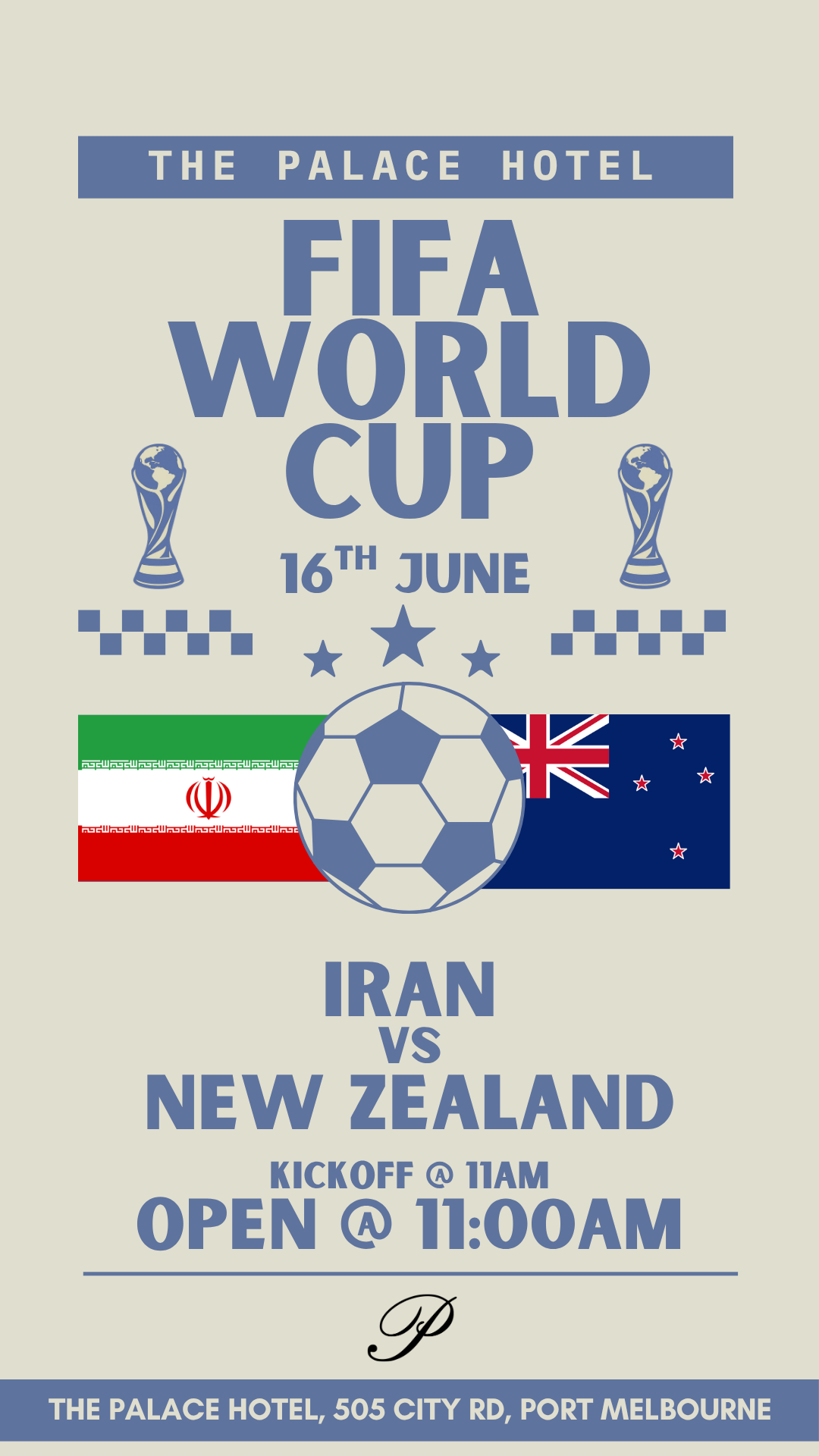 flyer for iran v new zealand world cup at the palace hotel port melbourne