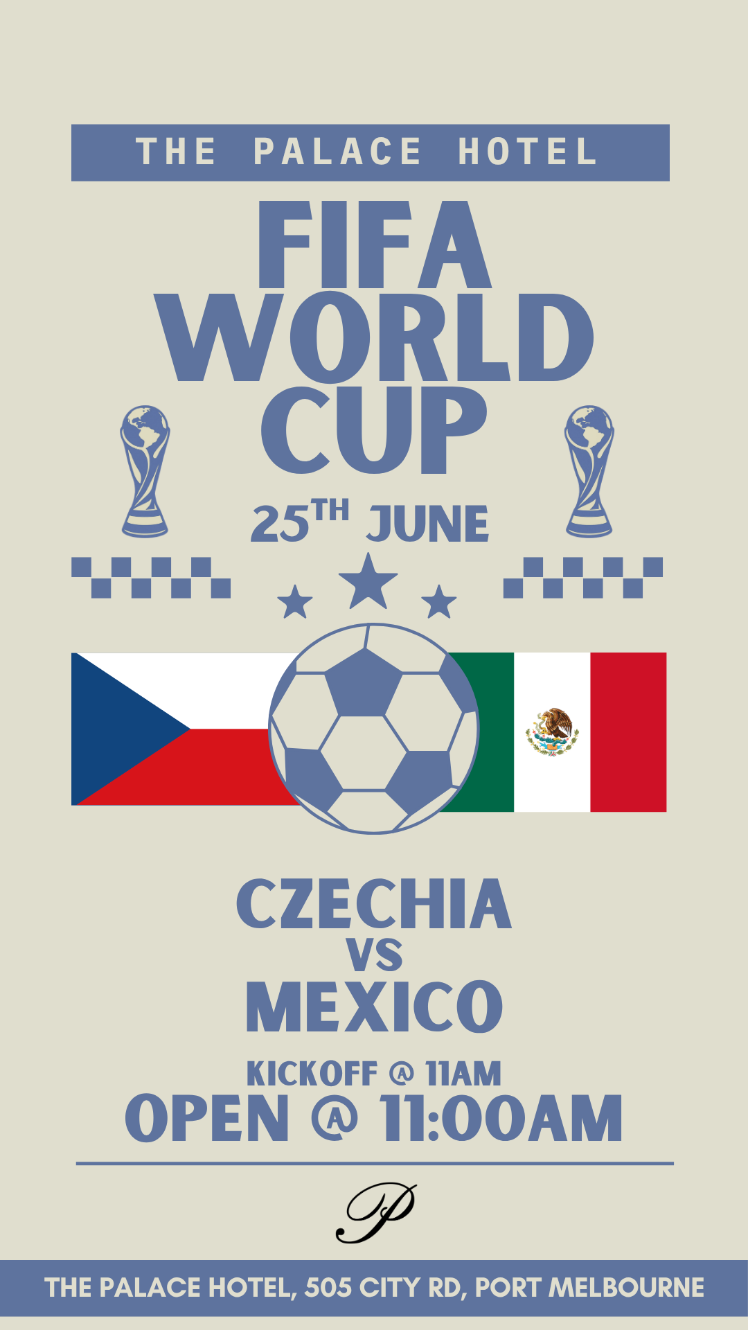 flyer for Czechia v Mexico world cup at the palace hotel port melbourne