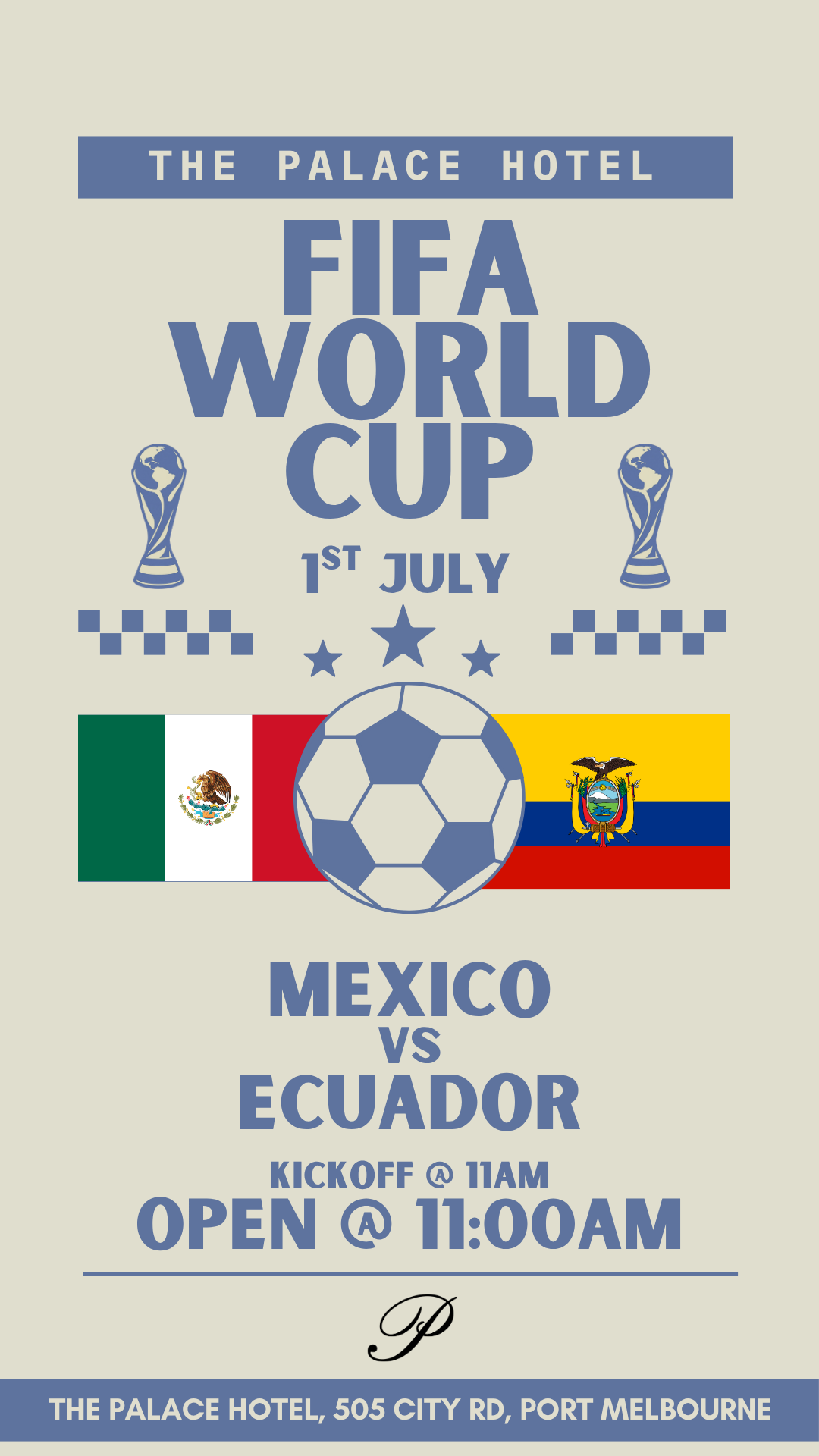 flyer for Mexico v Ecuador world cup at the palace hotel port melbourne