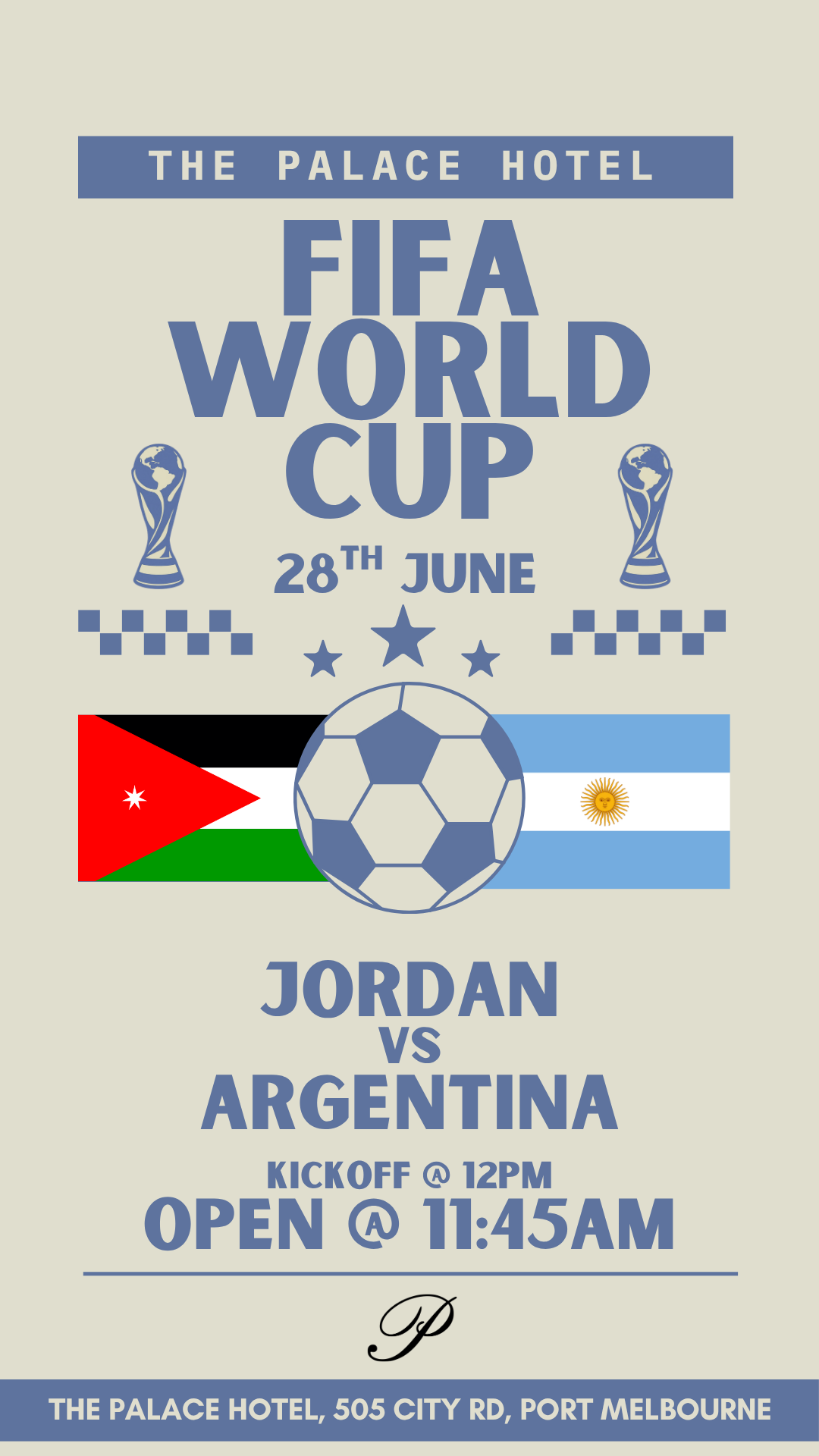 flyer for Jordan v Argentina world cup at the palace hotel port melbourne