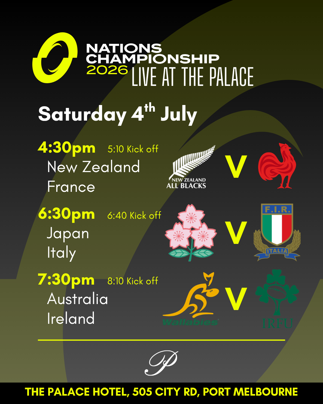 flyer for Nations Championship Live at the palace hotel port melbourne
