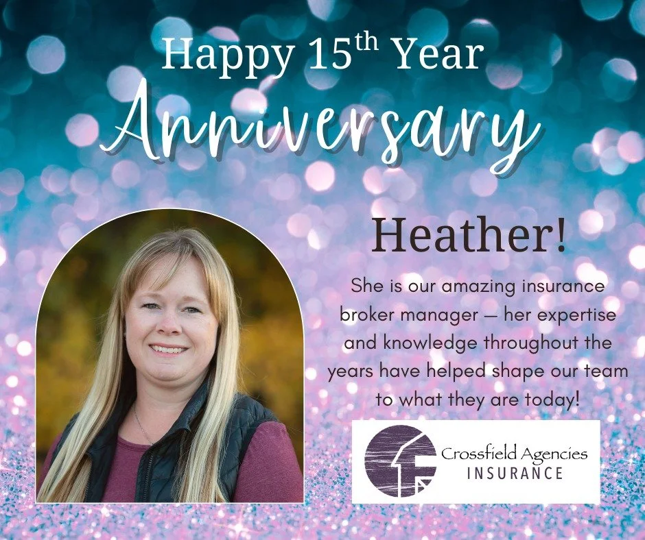 🎉 Happy 15-Year Anniversary, Heather! 🎉

Today we&rsquo;re celebrating an incredible milestone &mdash; 15 years with Crossfield Agencies for Heather, our amazing Insurance Broker Manager!

Heather&rsquo;s leadership, knowledge, and dedication have 
