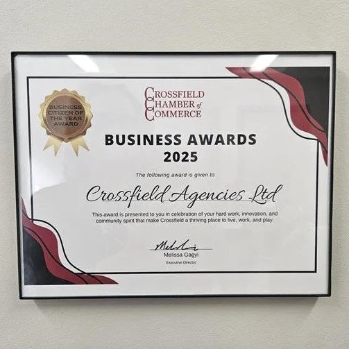 Crossfield Agencies is incredibly proud to receive the Business Citizen of the Year Award from the Crossfield Chamber of Commerce! πβ¨
This award recognizes a larger business that goes above and beyond to make Crossfield a better place to live, work