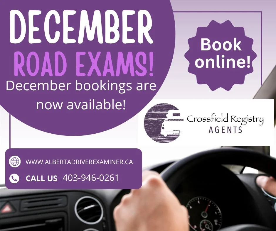 🚗❄️ December road-tests are now open at Crossfield Registry!

Book yours easily online at https://www.albertadriverexaminer.ca/?registry=413
 ➡️ select Crossfield Registry as your location.

✅ Don&rsquo;t wait&mdash;slots are filling up fast before 