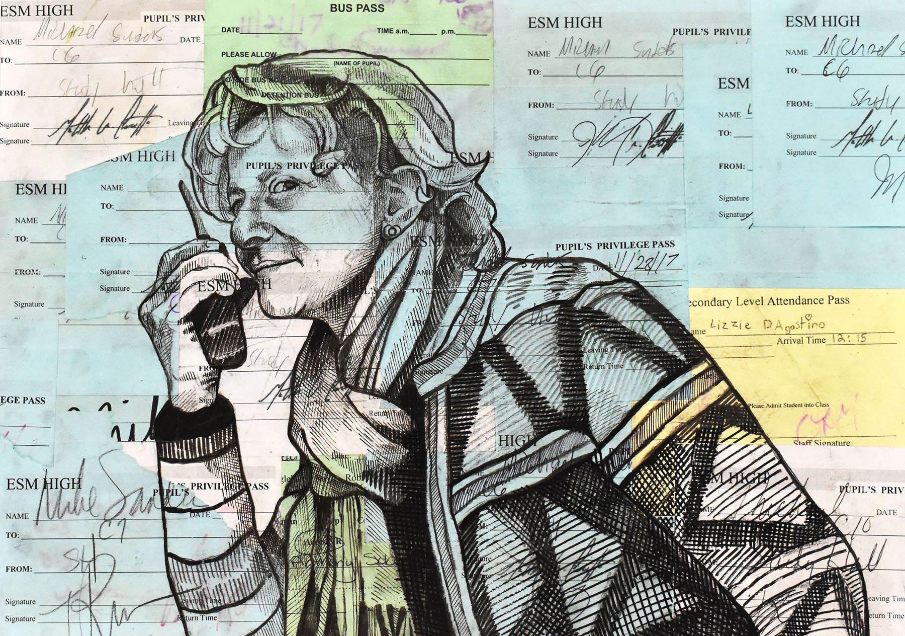 "The Hallway Monitor" — Mixed media college with hallway passes
