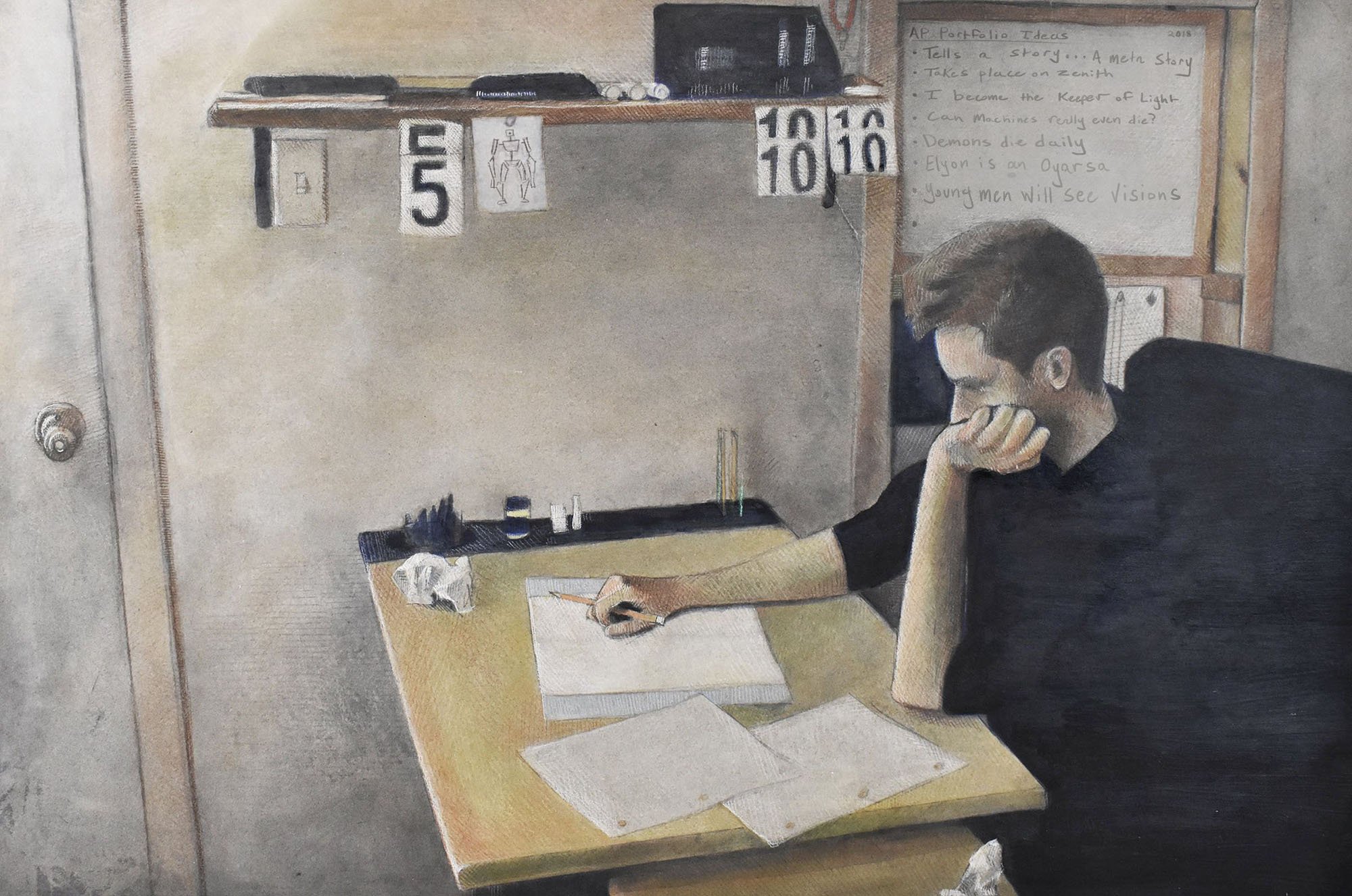 "Artist Block" — Acrylic and colored pencil on board