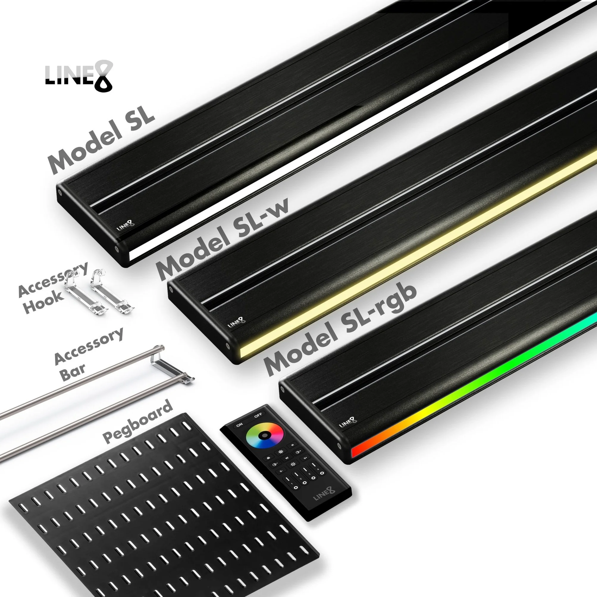 LED light bars with accessories including an accessory hook, accessory bar, pegboard, remote control, and mounting brackets.