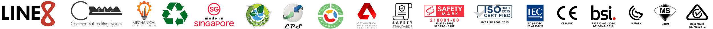 Line8 brand logo alongside a comprehensive series of international safety, quality, and technology certification marks, including the Singapore Safety Mark, ISO 9001, CE, and regional standards