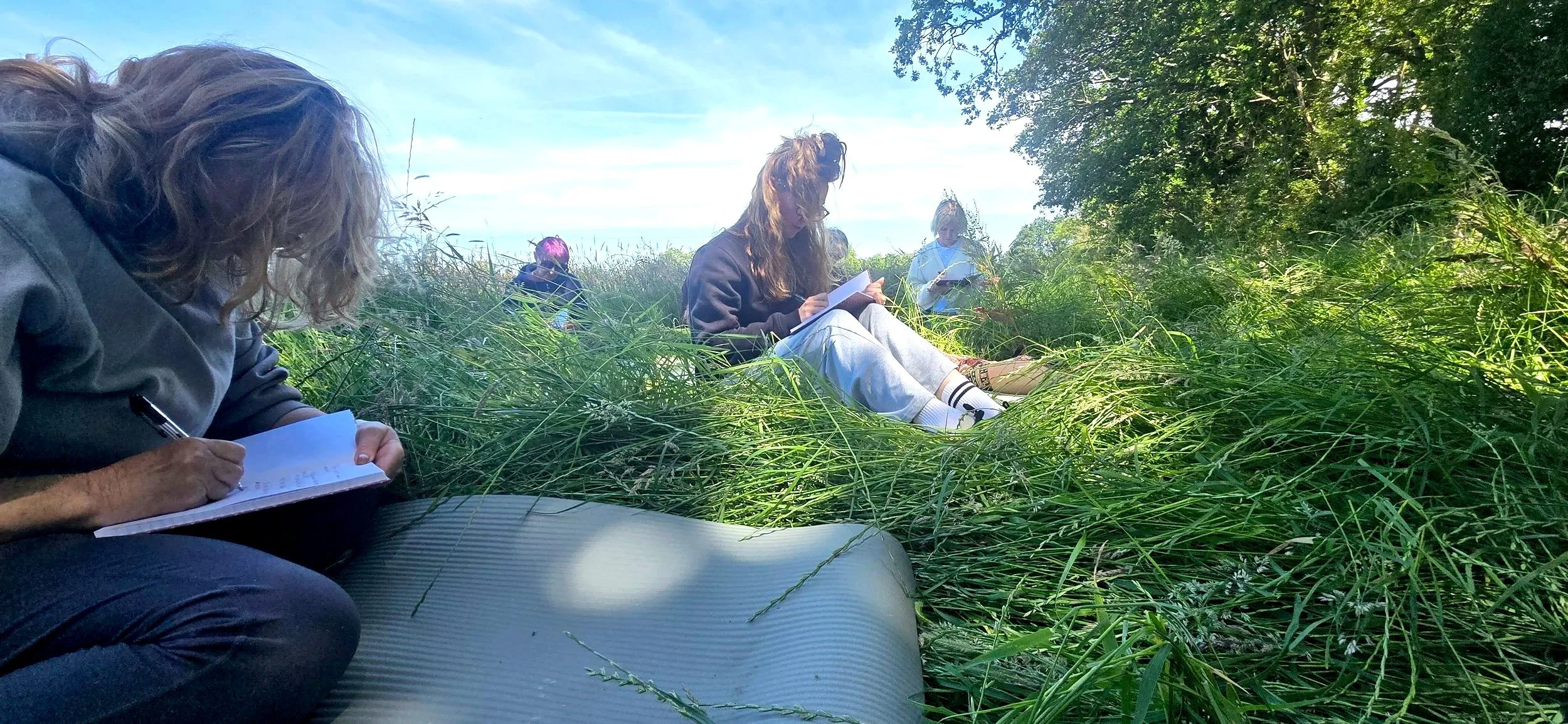 Women journaling in a meadow