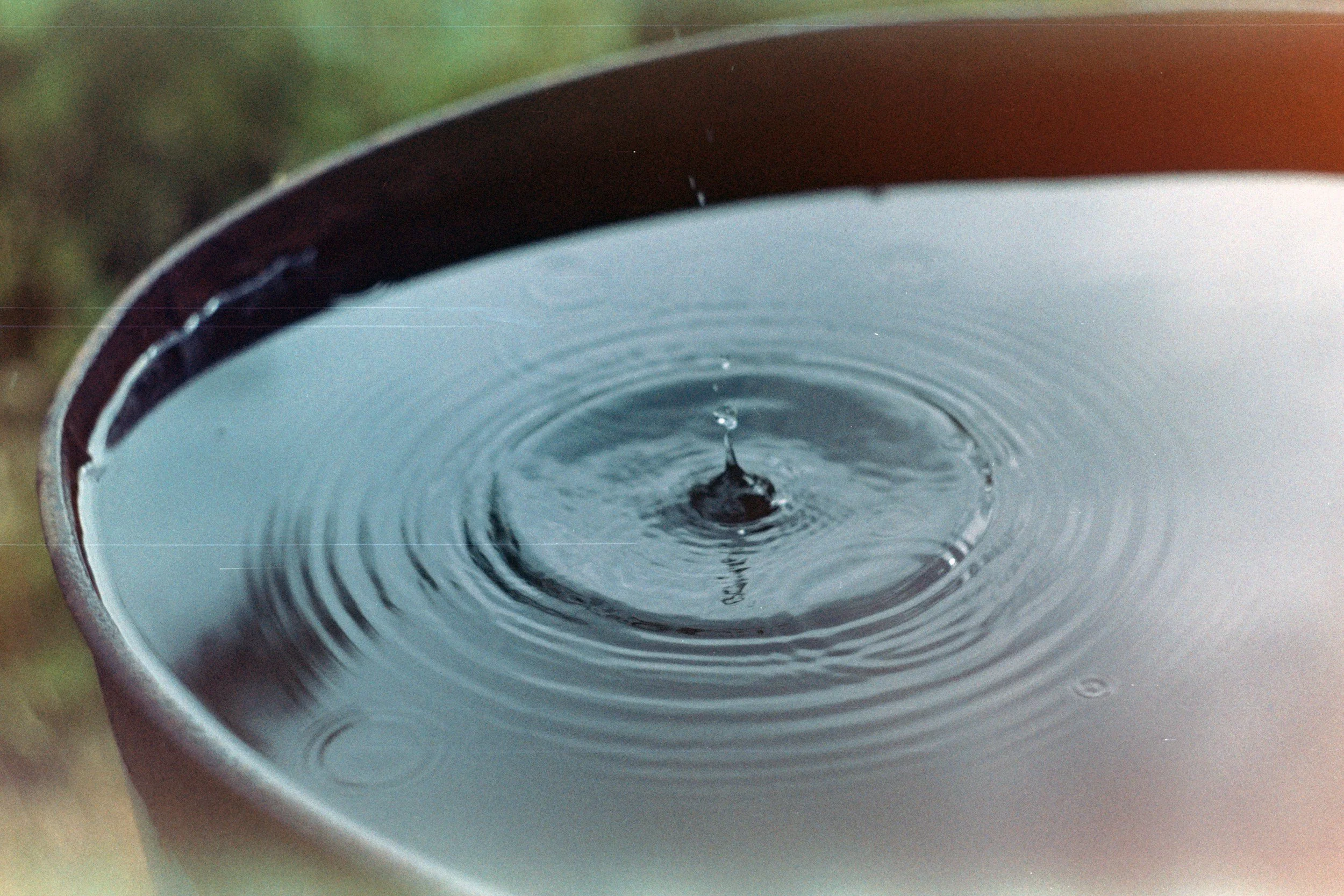 Drop of water rippling in a metal tub
