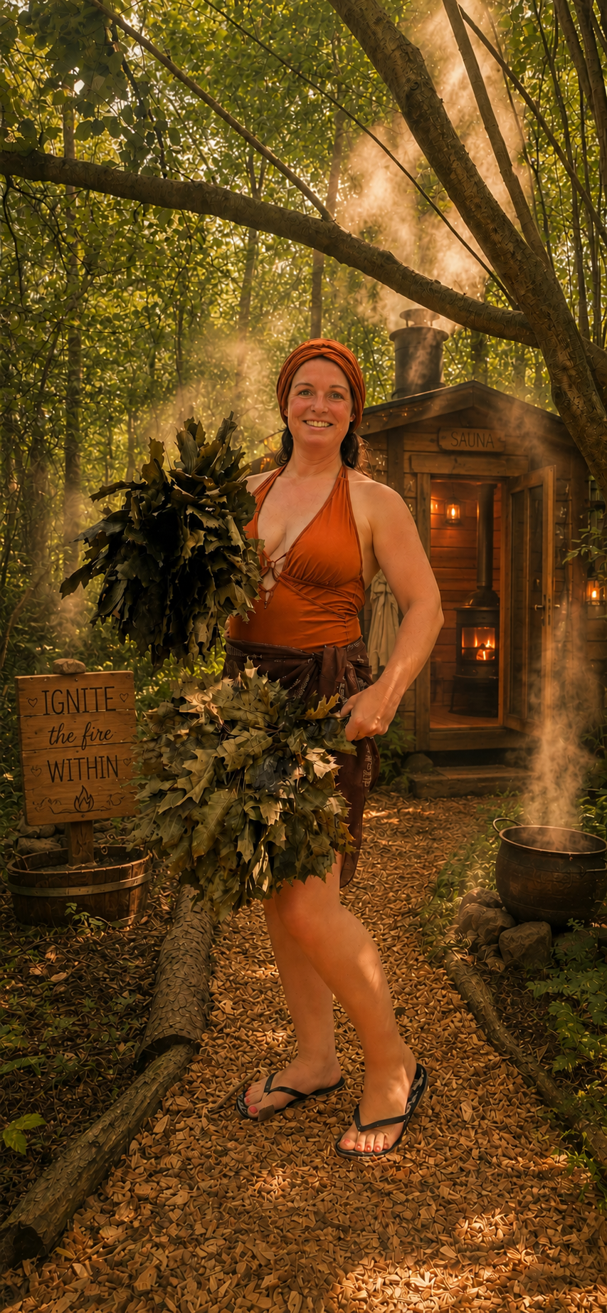 Sauna Master Chantelle holding leaf whisks