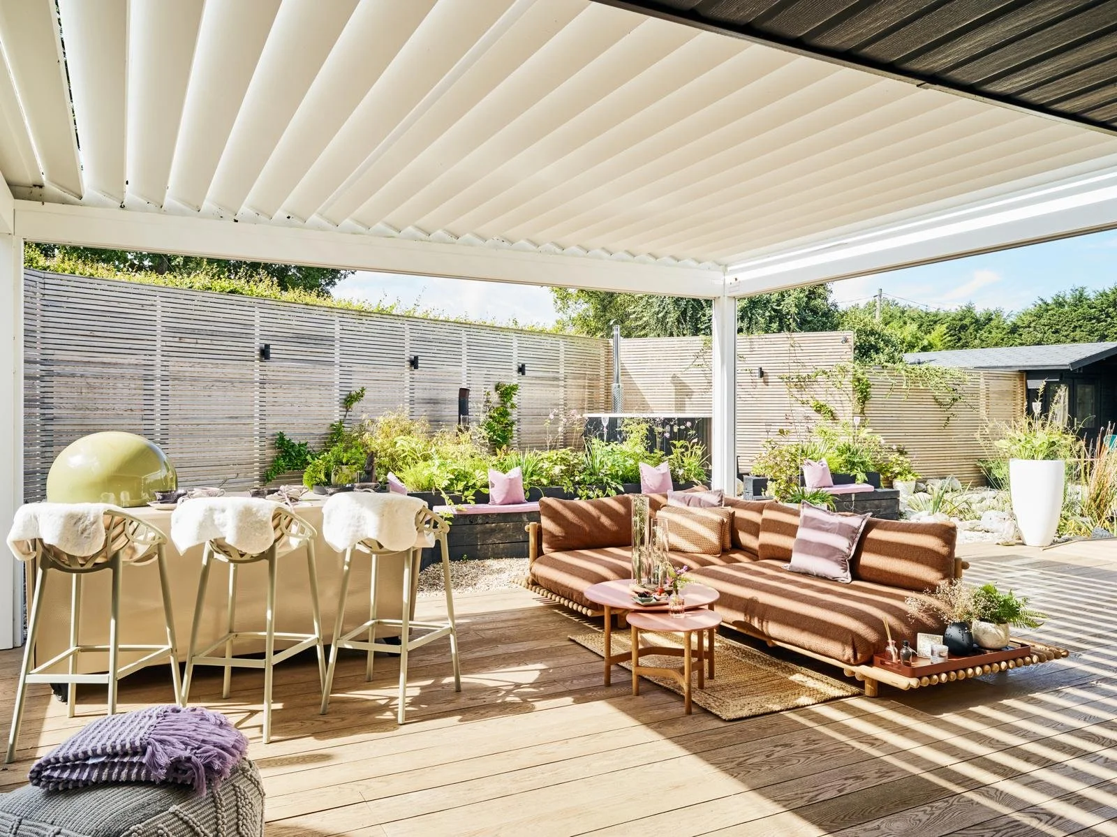 Outside seating in a sunny deck area