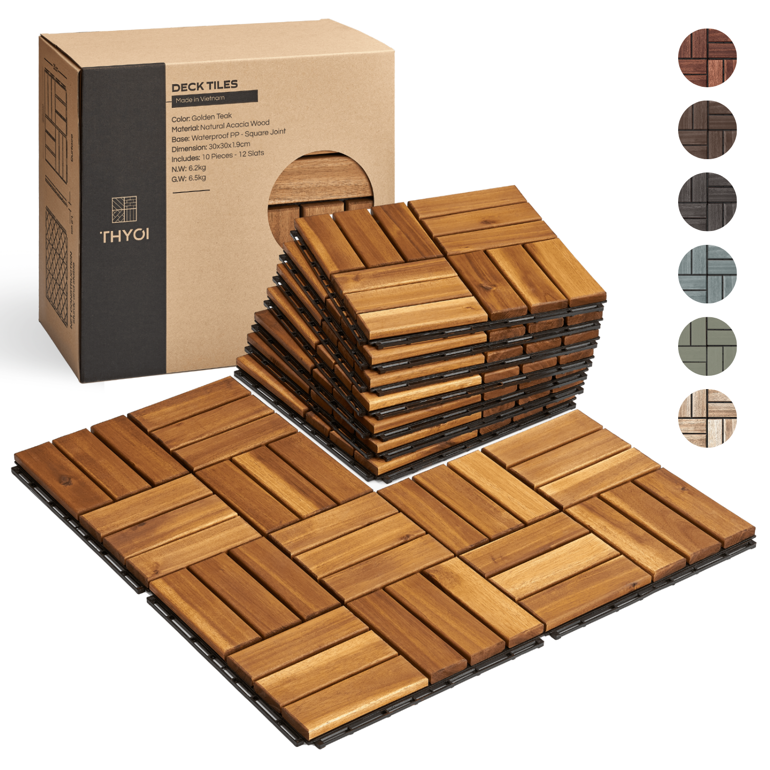 THYOI 10Pcs Interlocking wood tiles for use as a ground cover (Checker Pattern, Square Joints)