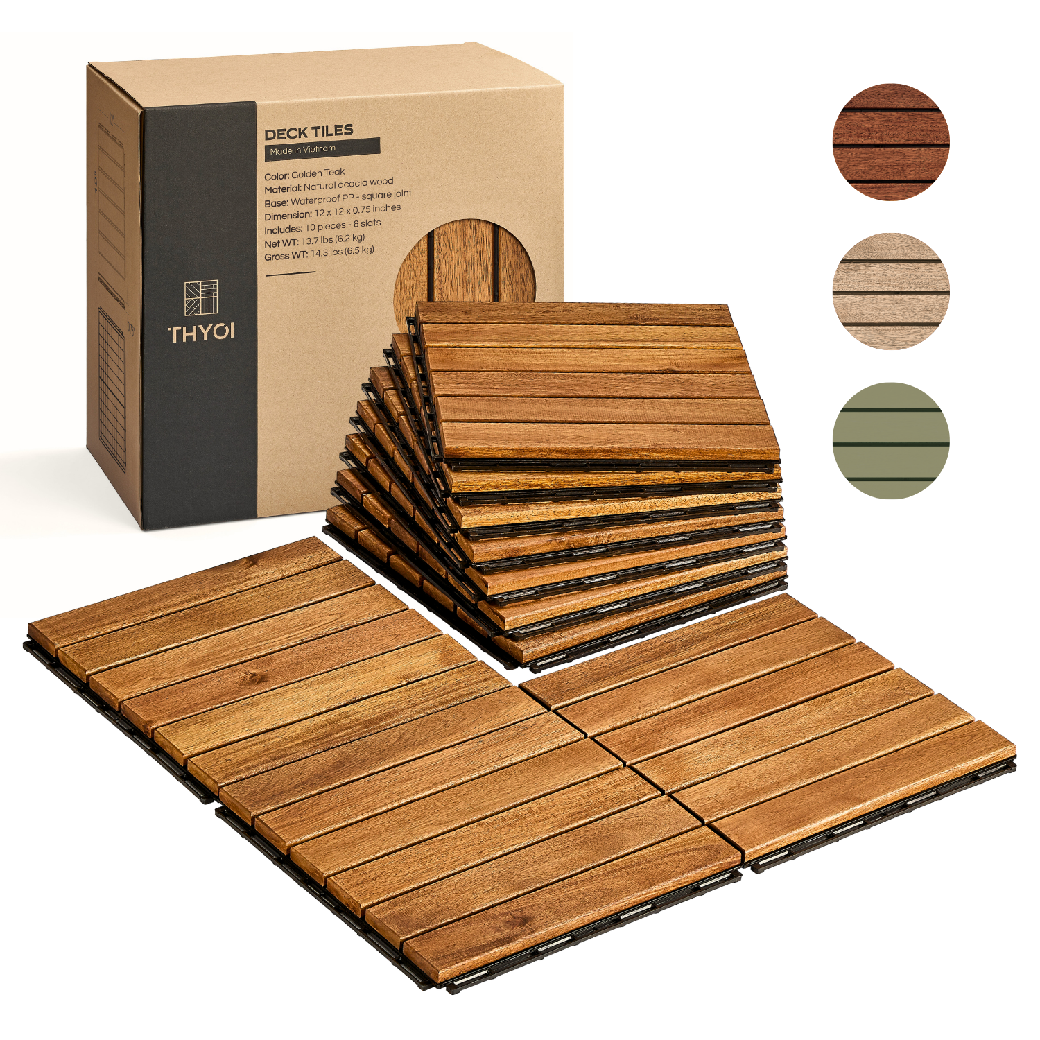 THYOI 10PCS Interlocking wood tiles for use as a ground cover (Striped Pattern, Square Joints)
