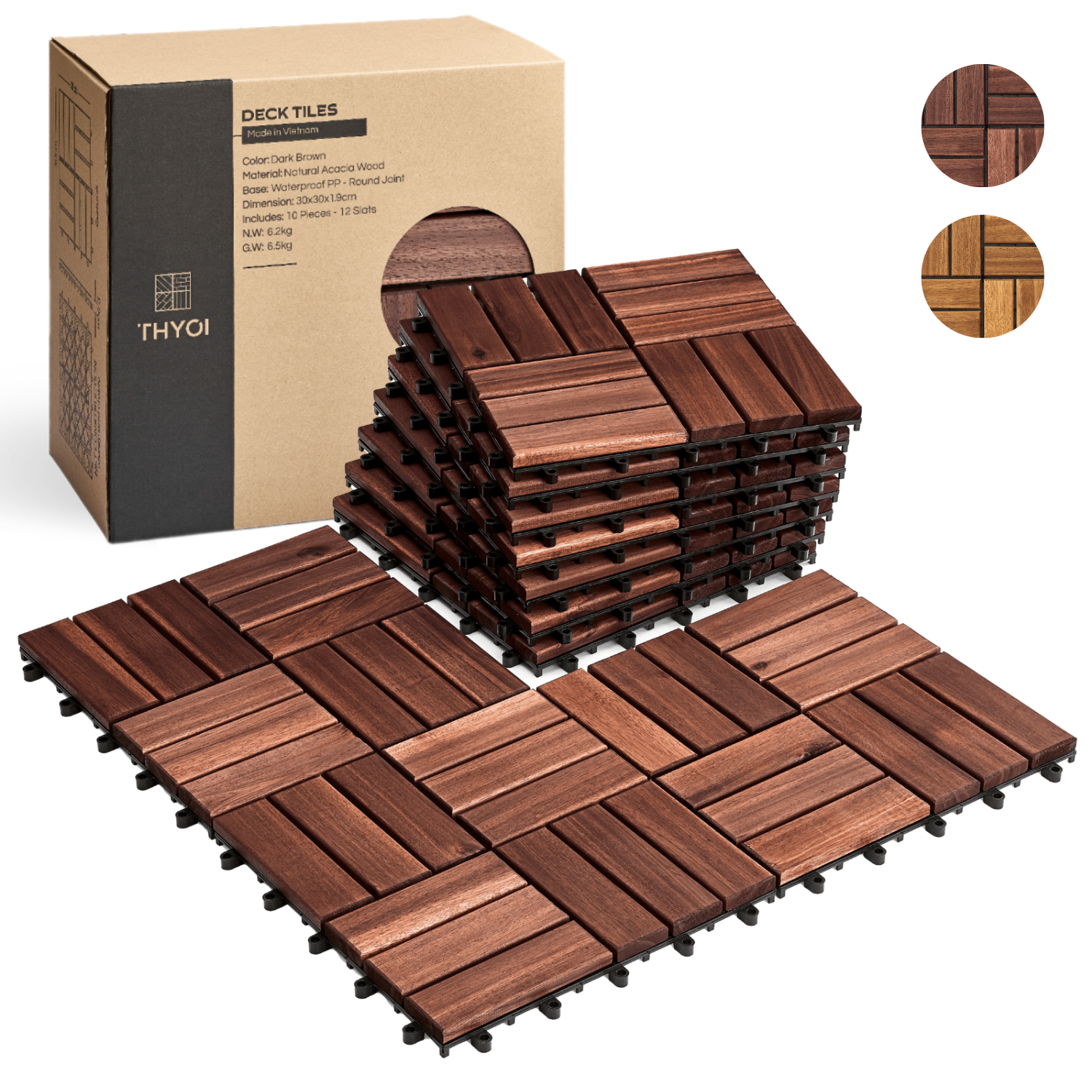 THYOI 10PCS Interlocking wood tiles for use as a ground cover (Checker Pattern, Round Joints)