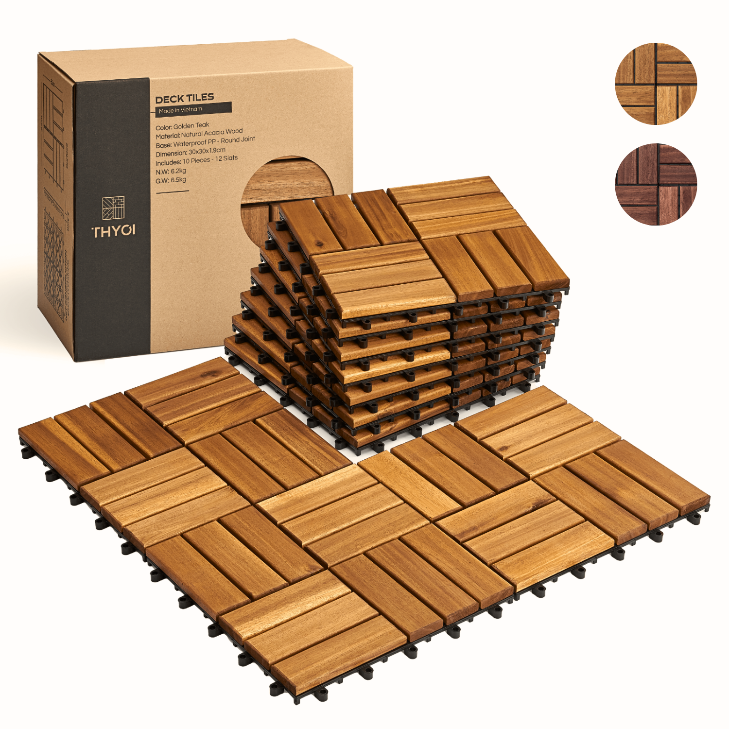 THYOI 10PCS Interlocking wood tiles for use as a ground cover (Checker Pattern, Round Joints)