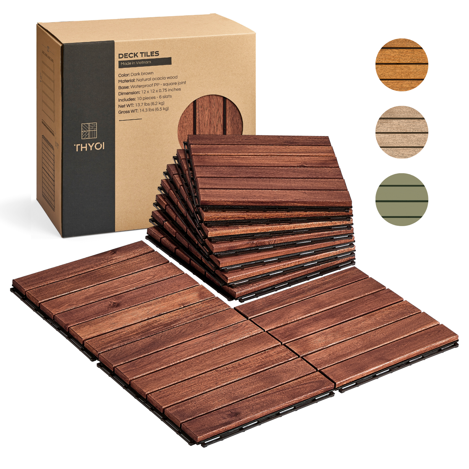 THYOI 10PCS Interlocking wood tiles for use as a ground cover (Striped Pattern, Square Joints)