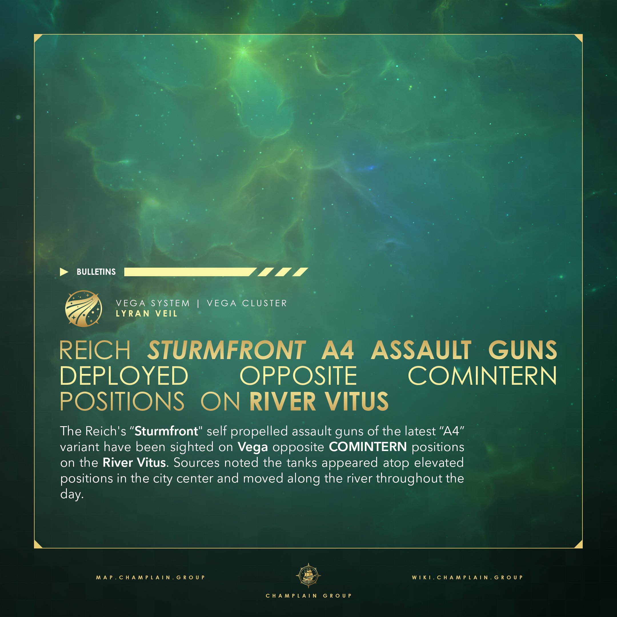 Reich Sturmfront A4 Assault Guns Deployed Opposite COMINTERN positions  on River Vitus