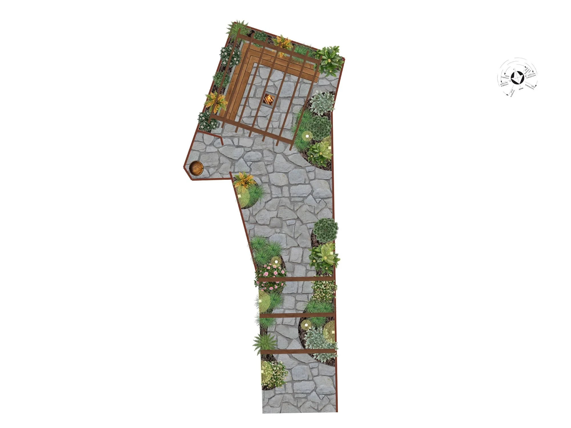 De basis van deze realisatie is een nauwkeurig 2D-tuinontwerp. Deze digitale plattegrond definieert de exacte verhoudingen tussen het flagstone-terras, de houten structuren en de specifieke plantvakken voor een optimale ruimtelijke balans.