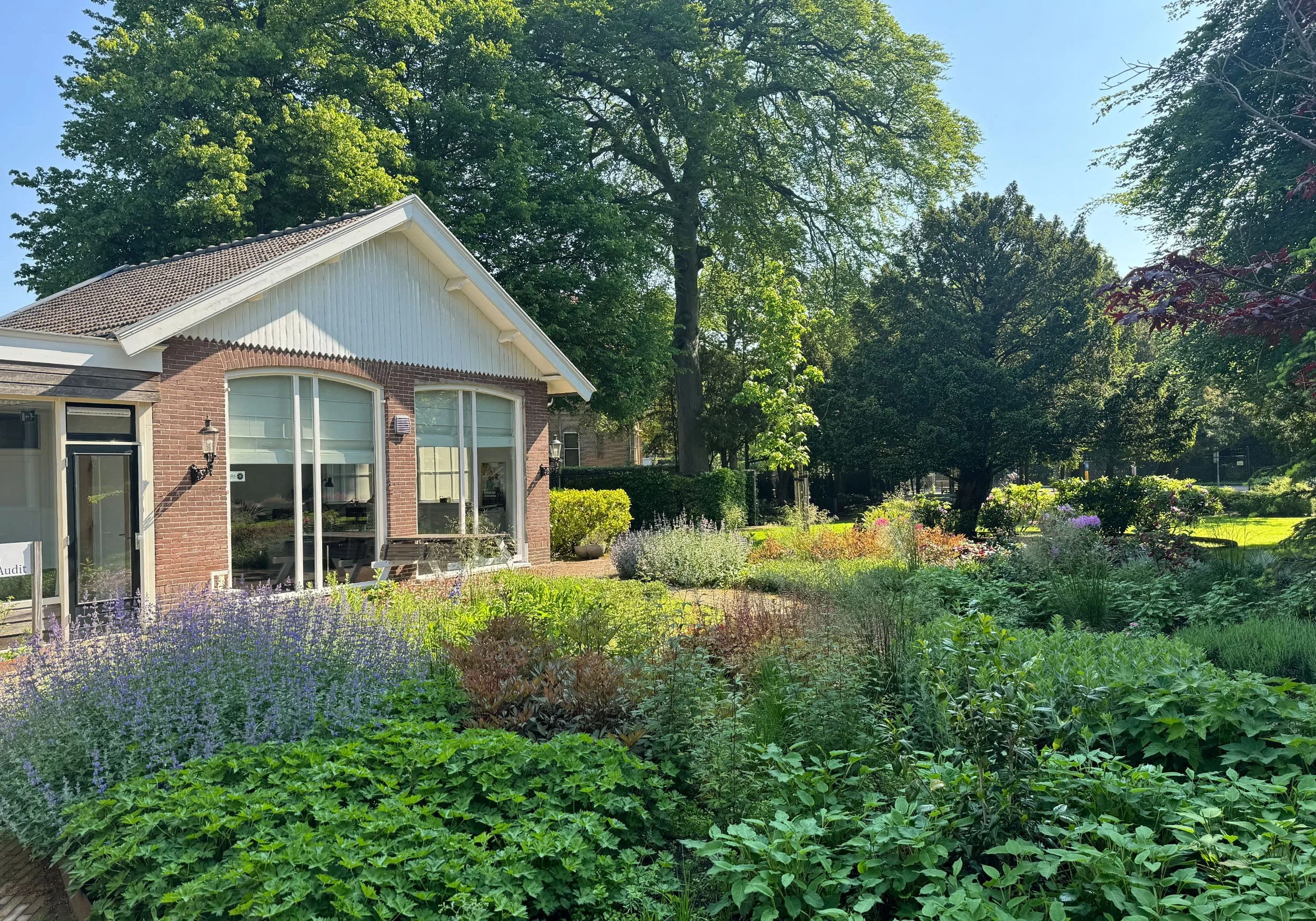 Weelderige, bloeiende plantenborders met paarse bloemen en volwassen bomen rondom een bakstenen gebouw.