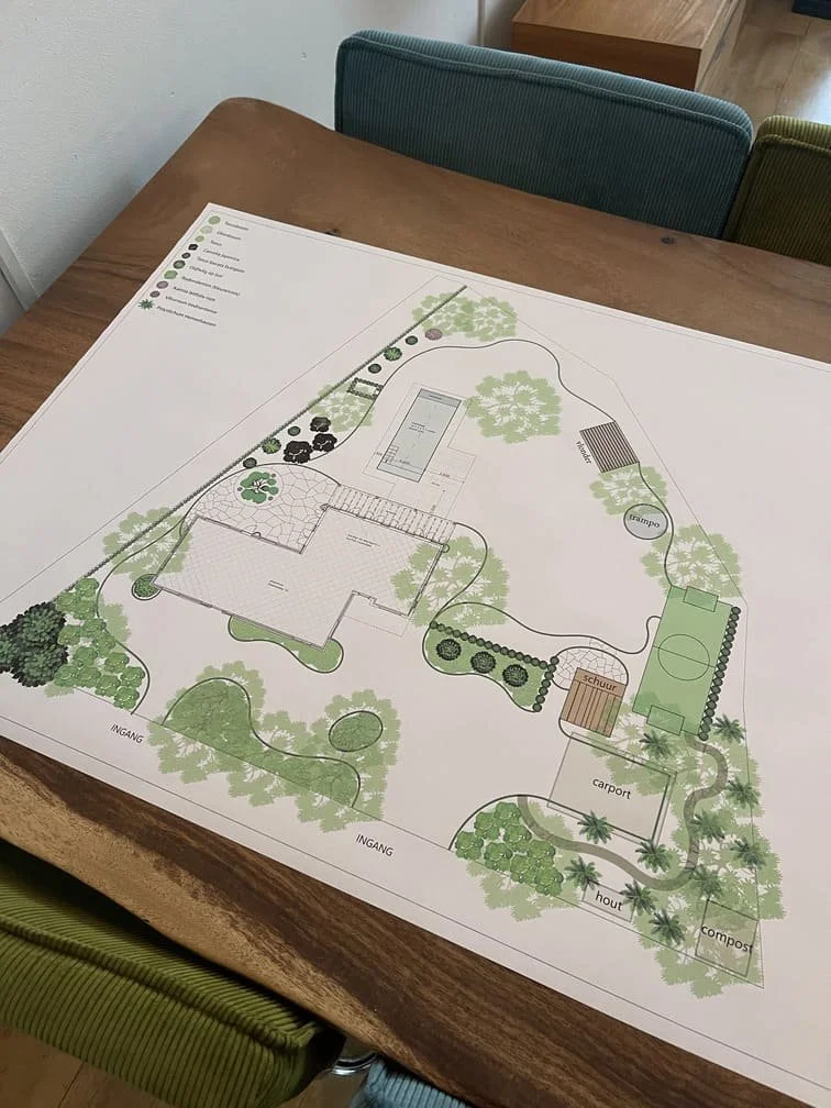 Tuinontwerp in plattegrond met woning, terrassen, beplanting en verschillende tuinzones.