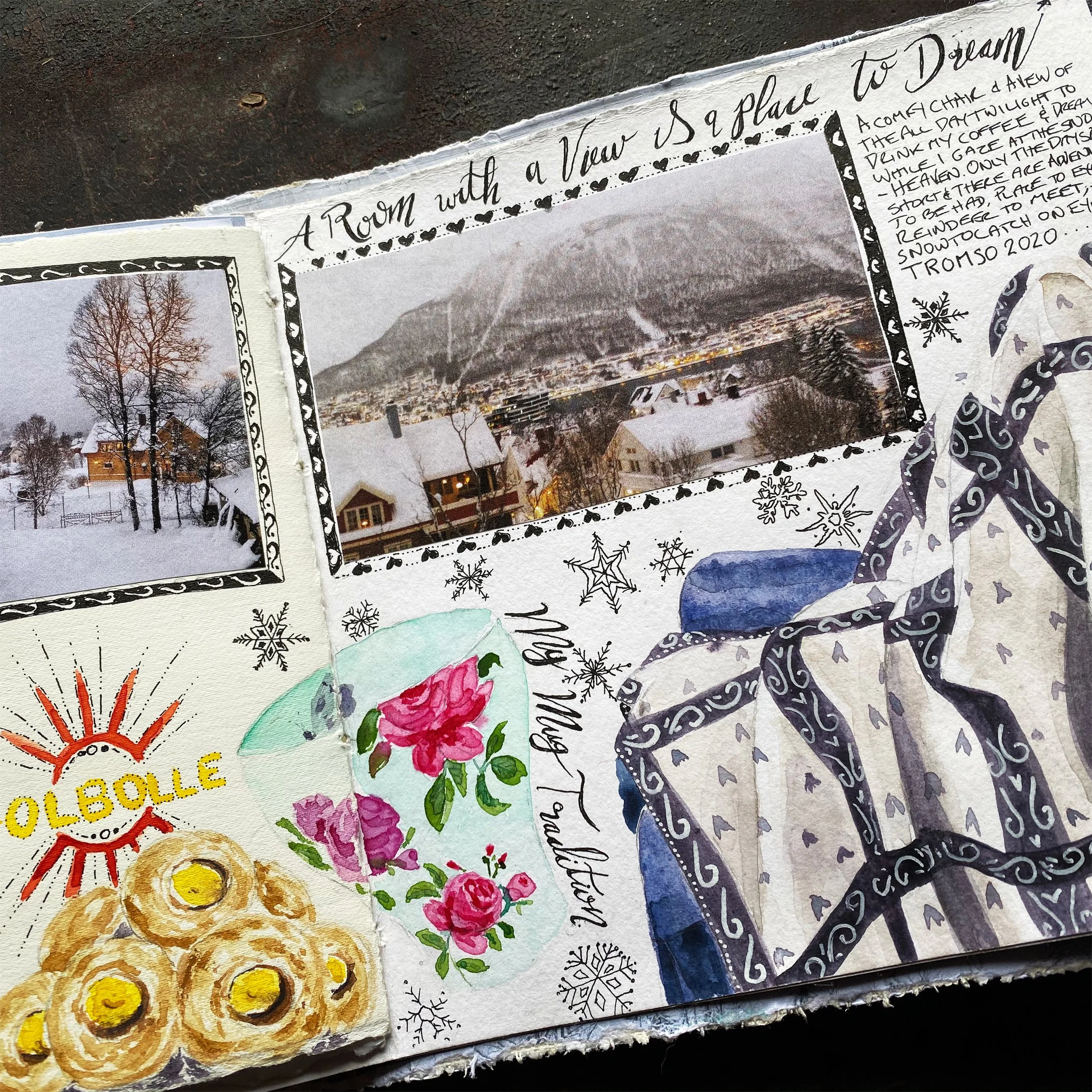 Sketchbook spread of Norway, comfy chair with a view of snowy Tromso and Solbolle pastries