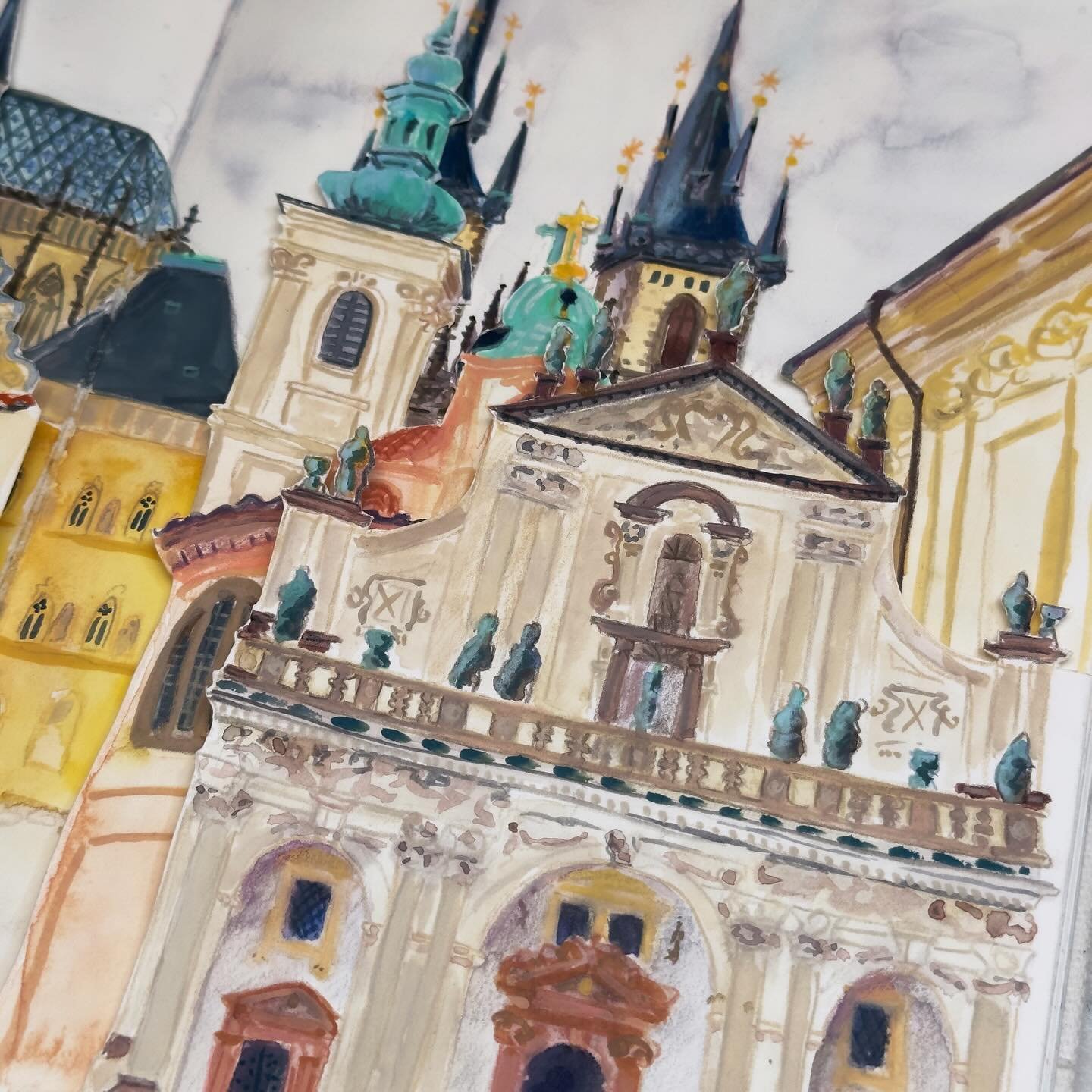 Prague in mixed media layers sketchbook spread by Galia Alena.jpeg