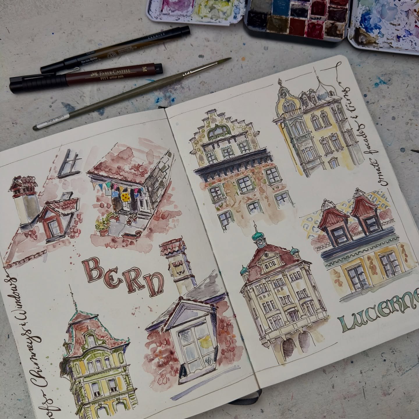 I love how each city has its own unique personality.
For me Bern was all about the wonderful roof tops and chimneys and the warm browns, not to mention the chocolates. Lucerne was gorgeous facades and the watery colours of the lake, and the fresh hot