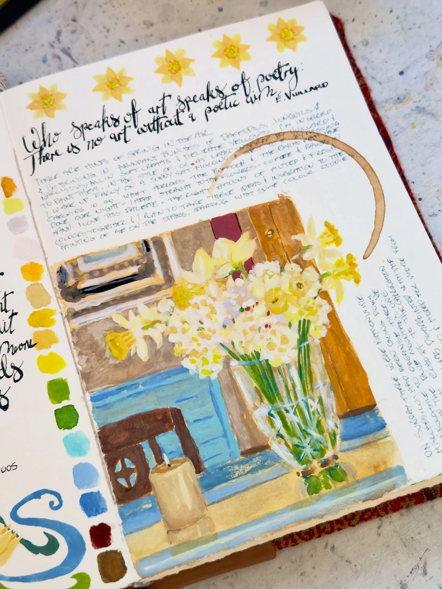 There are hints of Spring in the air despite the cold snap today. The garden has been giving up copious and abundant bunches of Daffodils, Jonquils and Narcissus- such a delight to bring in. The house smells sweet, the fire still burns, candles flick